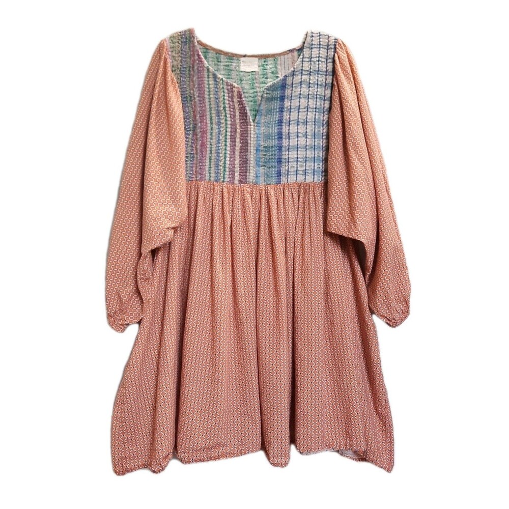 World Market Gudri Kantha Boho Mini Tunic Dress Mixed Pattern Peach Cotton S/M